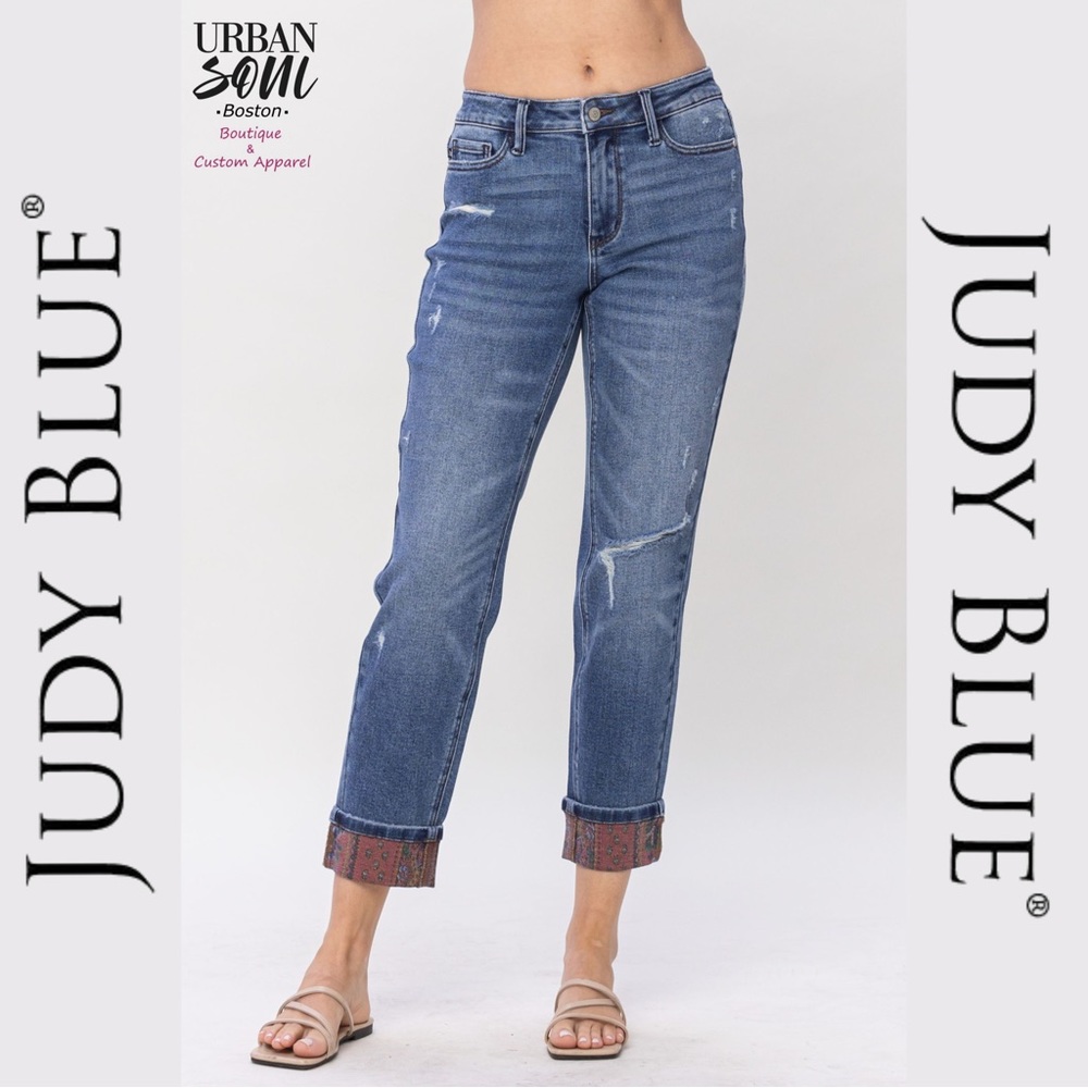 JUDY BLUE | Mid-Rise Paisley Print Cuff Boyfriend Jeans - NWT